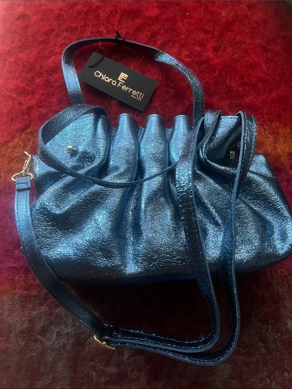 Chiara Ferragni Metallic Navy Ruched Shoulder Bag